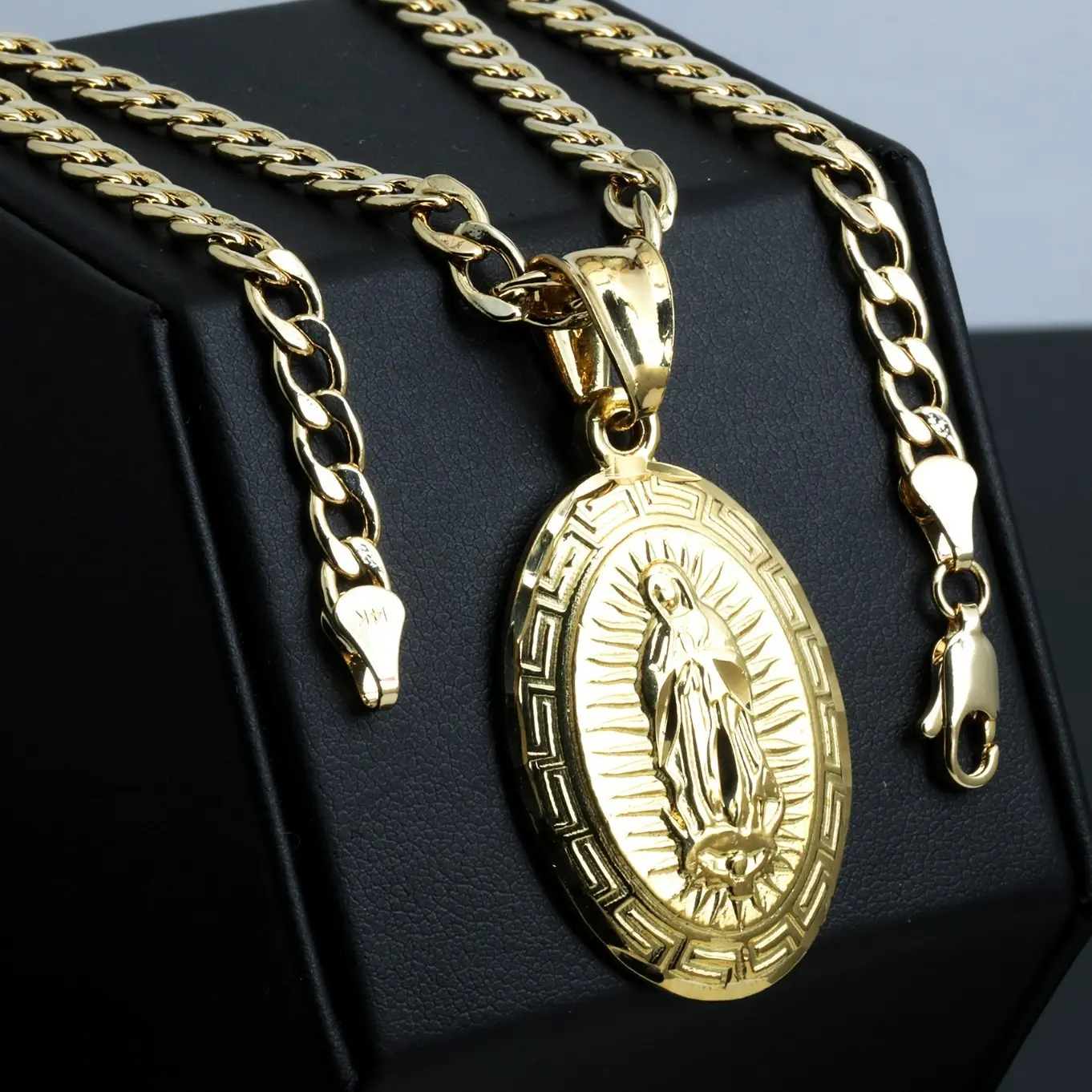 MaxBling81 Gold Plated Brass Oval High-End Blessed Virgin Mary Our Lady of Guadalupe Pendant with 14K Stamped 6mm 20"-24" Long Cuban Chain, Hip Hop Jewelry Fashion Necklace