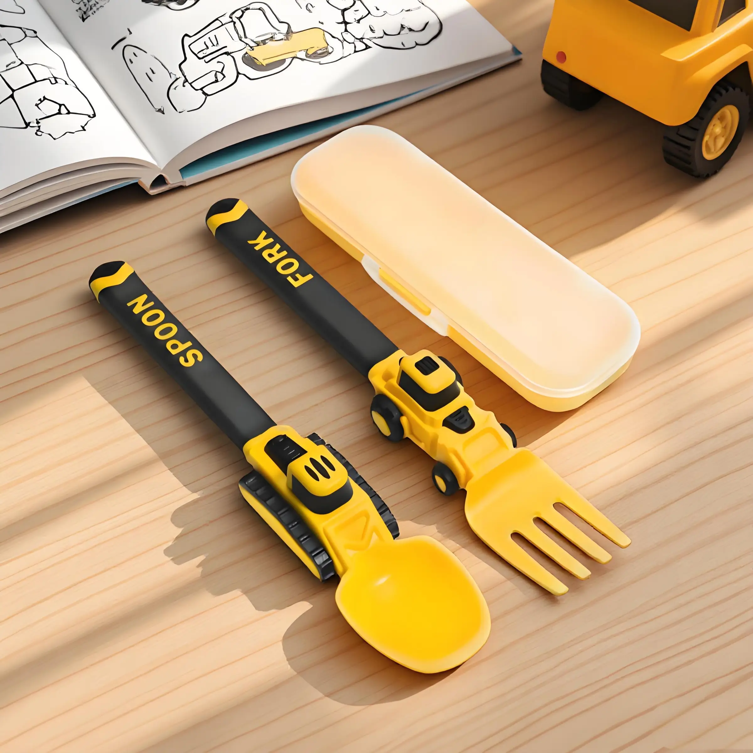 Construction Vehicle Kids Utensil Set 🚜 | 3-Piece Feeding Set with Spoon, Fork & Storage Case | Soft Grip | Dishwasher Safe | Perfect for Travel & Ho
