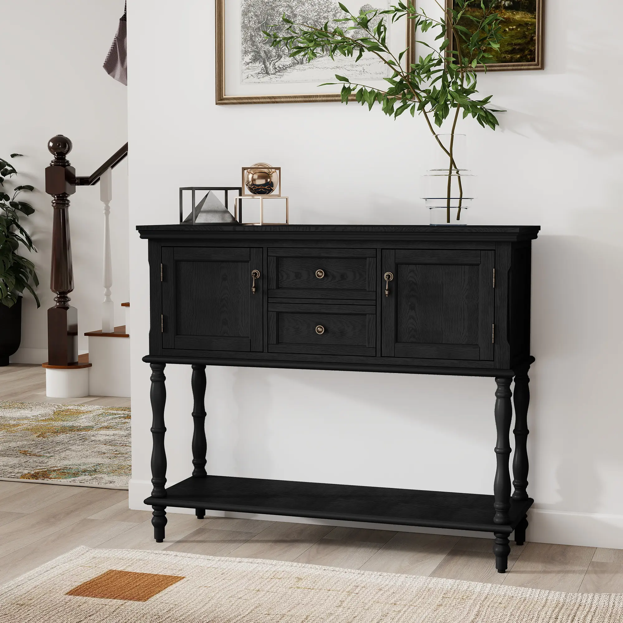 【summerwins】HLR Farmhouse Rectangular Console Table - Black Wood Entryway Sideboard with 2 Drawers, 2 Cabinets, Adjustable Shelf, Retro Style Small Space Organizer for Living Room, Hallway, Farmhouse Rectangular Table, Console Table Entryway summerwins