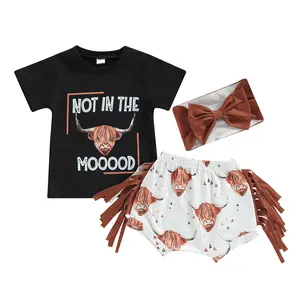 Western Baby Girl Clothes Boho Cow Print Short Sleeve T Shirt Tops Elastic Waist Bloomer Shorts Infant Summer Outfit