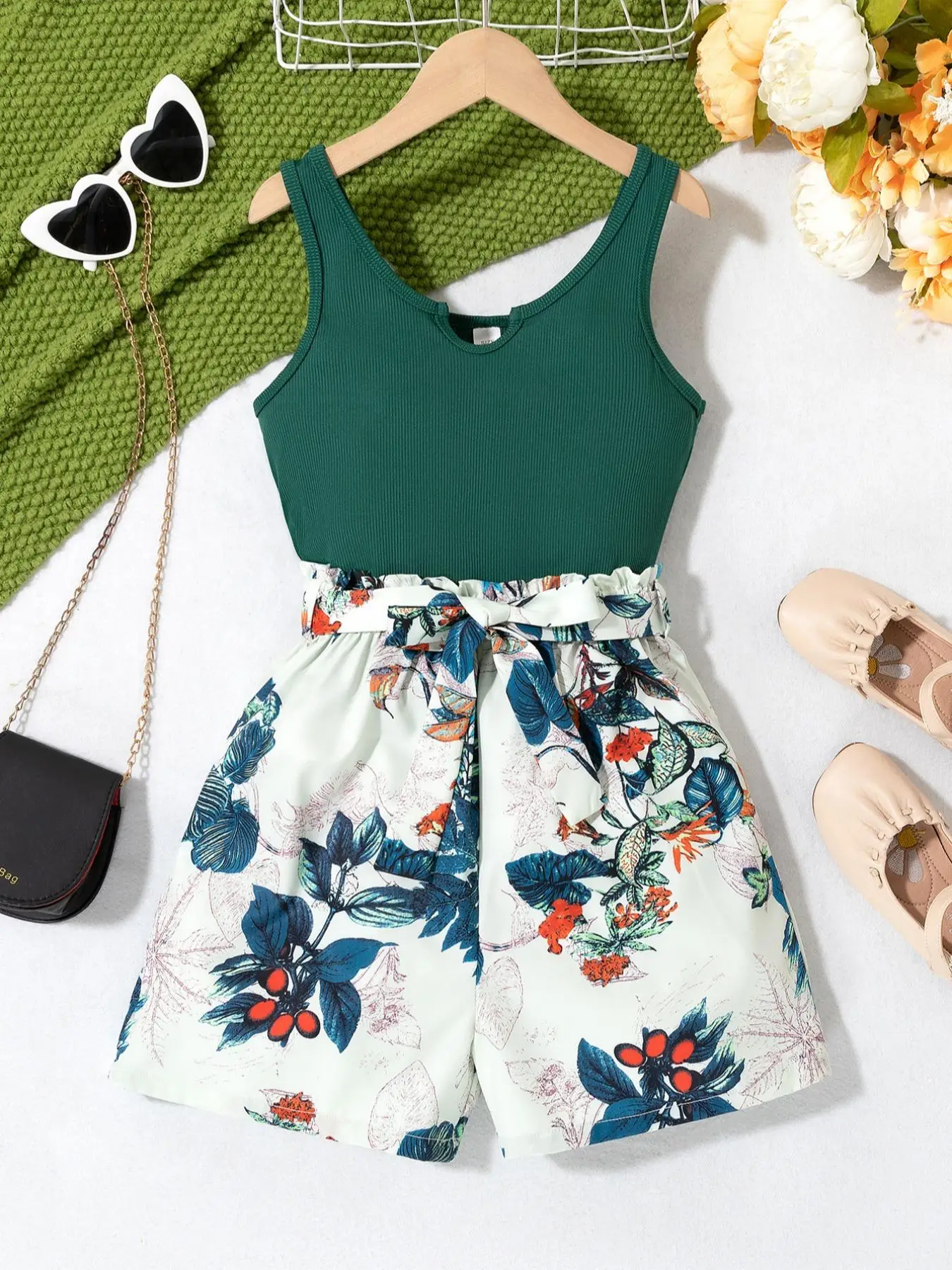 Two-Piece Set Teen Girl's Plants Print Belted Two-Piece Set, Casual Notched Neck Tank Top & High Waist Shorts, Summer Outfits for Teen Girls