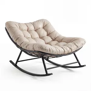 Oversized Papasan Outdoor Rocking Chair for Balcony Lawn Porch Bedroom - Thick Comfortable Cushion - Durable Iron Rope Frame - Non-Slip Feet - Relaxing Lounge Recliner