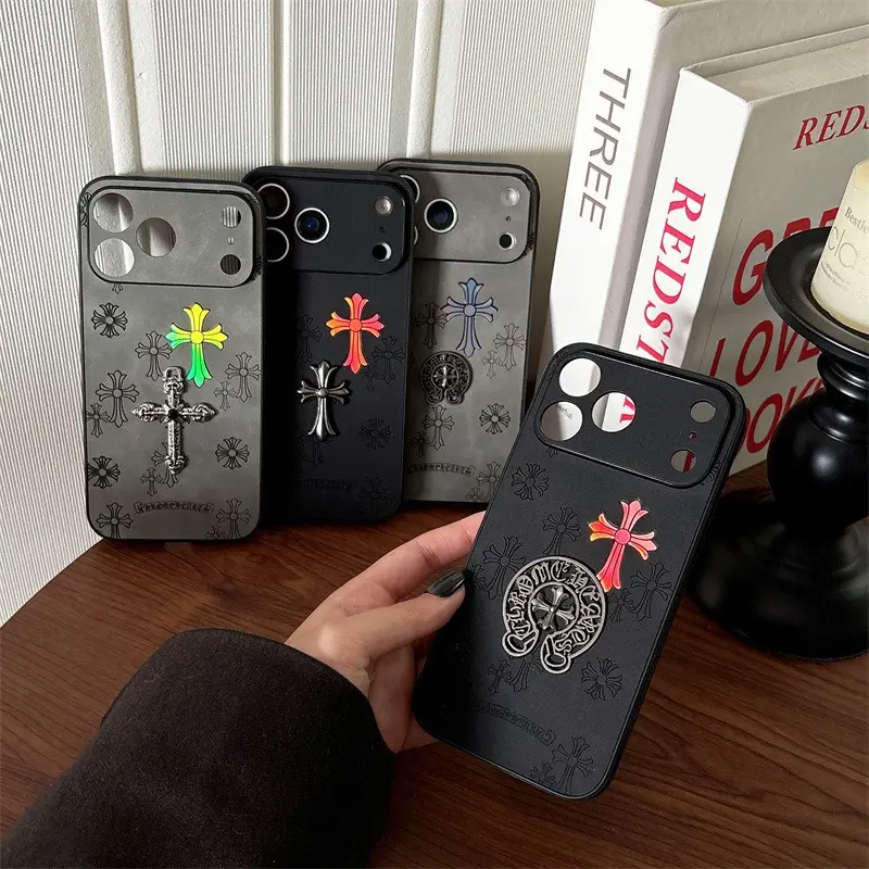 3D Gradient Cross Patterned Metal Emblem iPhone Case - Embossed Leather Texture, Raised Camera Bezel, Gothic Punk Style, Shockproof Casing Cover, Protective Phone Accessories for Multiple iPhone Models