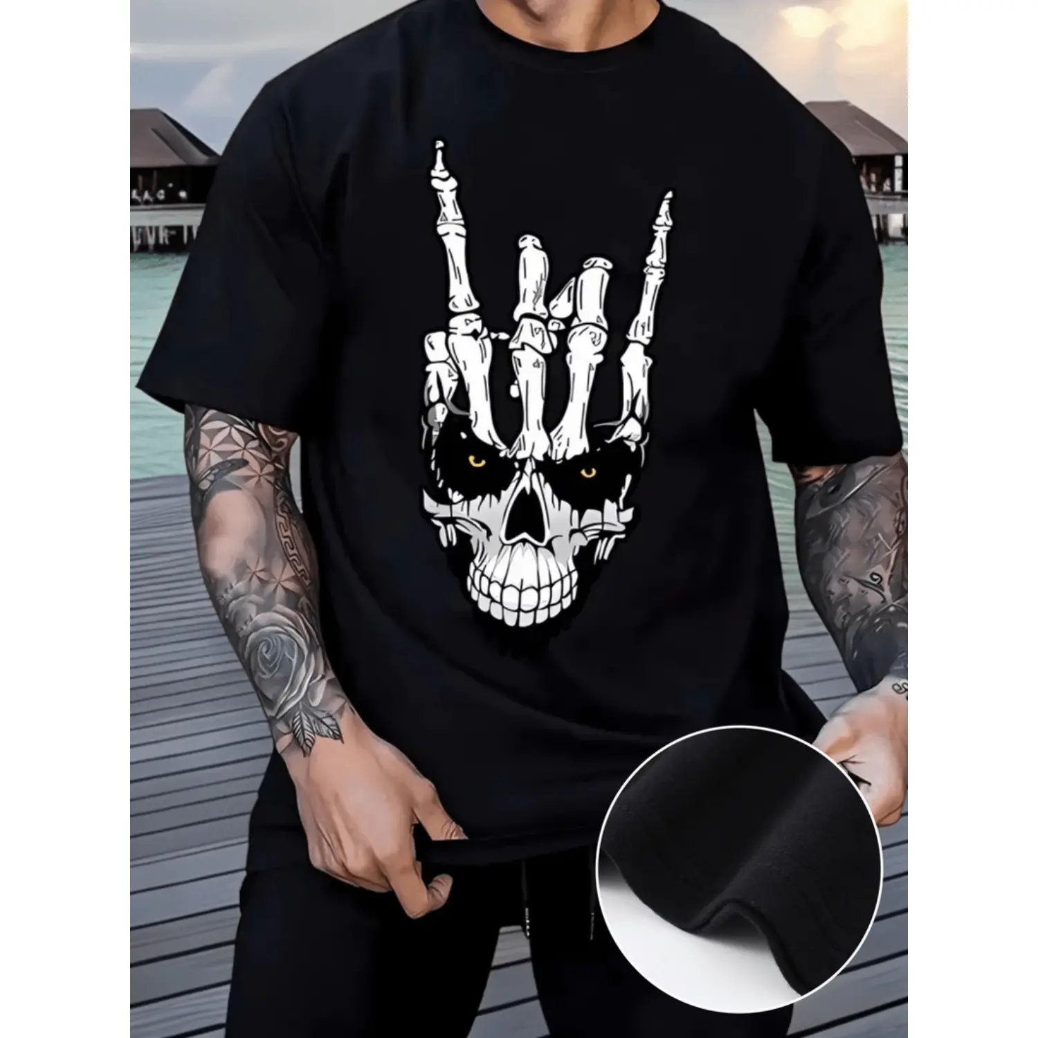 All-match Fashion vibrant skull hand print crew neck tee shirt soft   stretch polyester fabric regular fit geometric pattern casual short sleeve top for   gift for   fall and   black -1