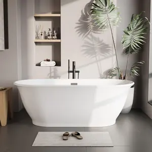67" Oval Freestanding Soaking Bathtub with Chrome Drain, Stand Alone Tub Excellent Heat Retention Acrylic Soaking Tub, Ergonomic (Gray White, 67")