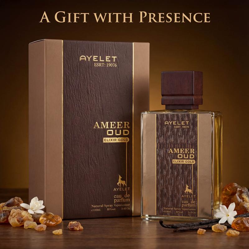 AMEER OUD Elixir Gold Eau de Parfum 100ml - Warm Sweet Amber Oud Fragrance for Men, Long-Lasting Woody Aroma, Perfect Gift Choice