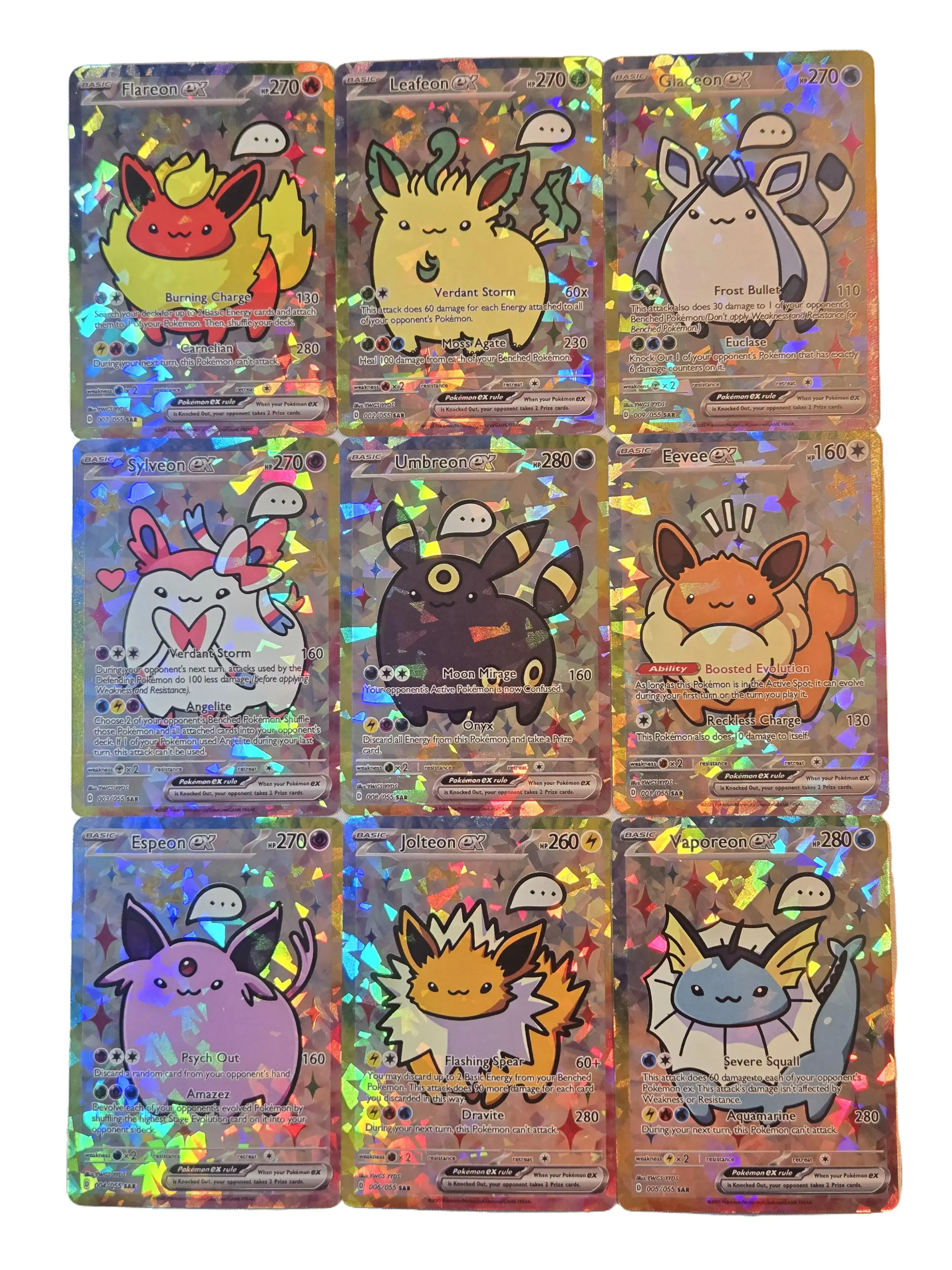 9x Eeveelutions Custom-made Cracked Ice Fan Art Cards Espeon Umbreon Leafeon Glaceon Eevee & Sylveon Collectible Trading Card Game for Pokémon Fans