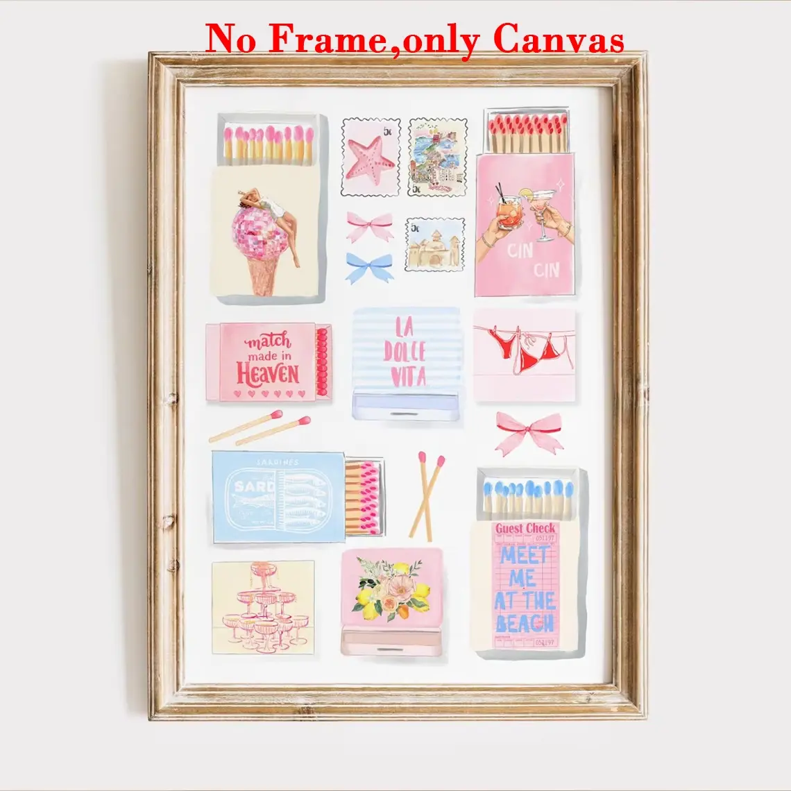 1 Pc, Wall Art, Wall Decor Pictures, Vintage Poster, Coastal Hand-painted Matchbox Pastel Print, Pink Girly Romantic Canvas Painting, Wall Aesthetic Decoration, Decoration for Living Room and Bedroom, Frameless, Home Decor Products