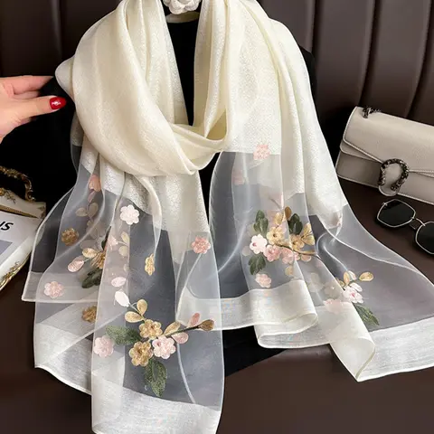 Elegant Floral Embroidered Silk Scarf for Women, Stylish Sun Protection Beach Shawl with Beads, Bohemian Windproof Must-Have, Boho Style Scarf