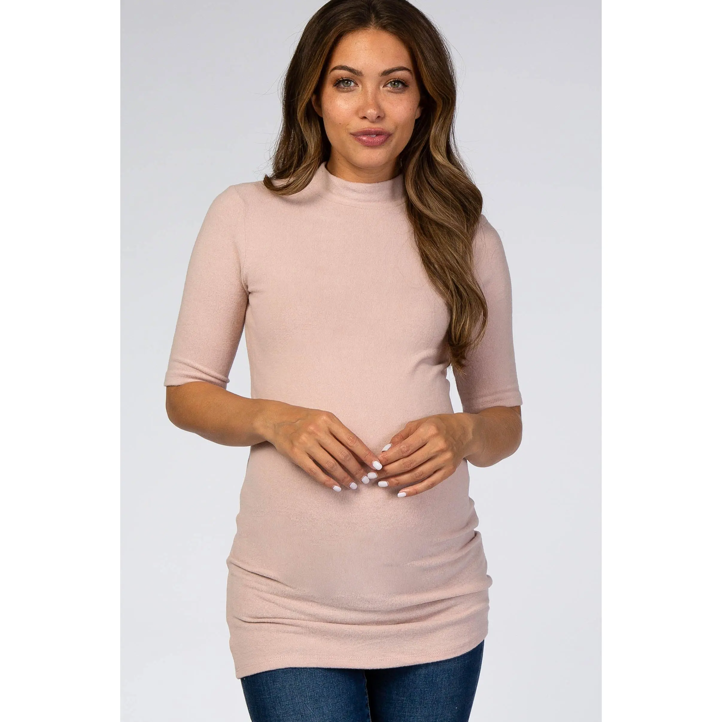 Light Pink Soft Brushed Knit Mock Neck Maternity Top