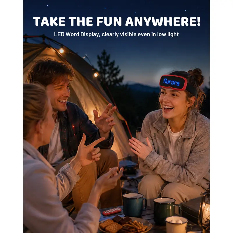 Friends playing the LED guessing game at a campsite at night, word visible in low light