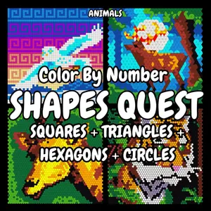 SHAPES ANIMAL QUEST Color By Number: Squares + Triangles + Hexagons + Circles: Color activity quest book for adults (BLACK Background)