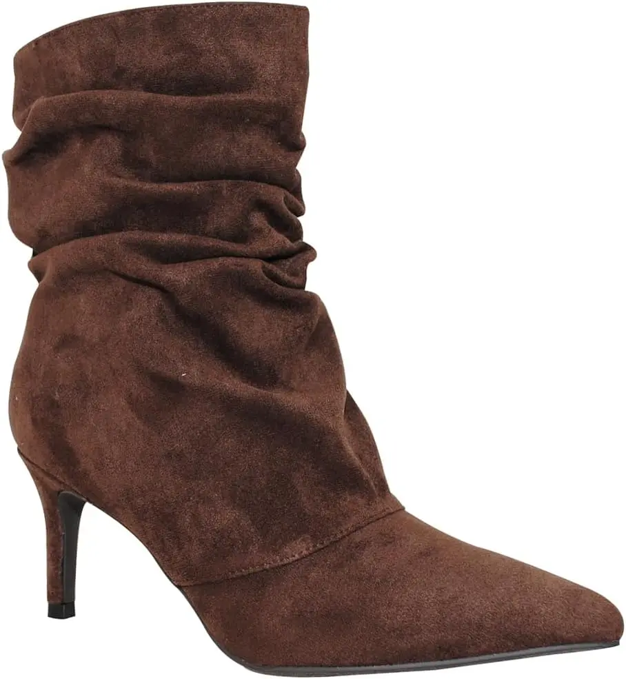 TRENDSUP Womens Slouchy Ankle Boots Pointed Toe Kitten Heel Booties | Pull On Style, 3 Inch Heel, Faux Suede Upper, Ruched Shaft, Multiple Colors