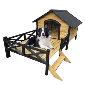 Outdoor Dog House Wooden Cabin House Style Wooden Dog Kennel with Porch and Elevated Floor, Weatherproof Puppy Shelter for Medium Small Breed Dogs