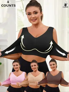 【Plus Size】 Solid Wireless Push Up Bra, Seamless Comfortable Breathable Buckle Front Bra, No Padding,Wide Strap Vest Bra for Everyday Daily Wear, Women's Casual Lingerie for All Seasons