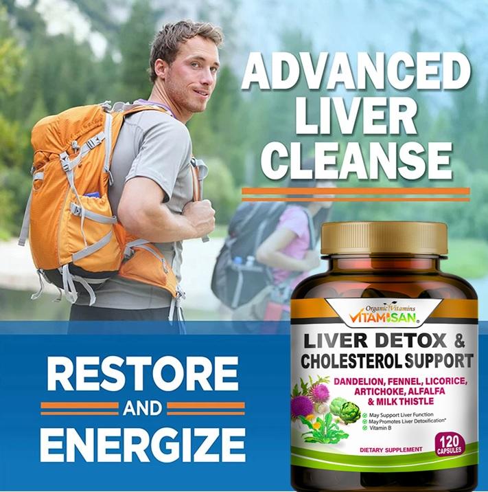 Vitamisan Liver Detox & Cholesterol Support 120 Capsules with Dandelion Fennel Licorice Artichoke Alfalfa Milk Thistle for Optimal Health