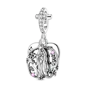 MULA Virgin Mary Heart Pendant 925 Silver with Zirconia - Religious Symbol Beaded Pendant with Cross and Engraving, Pandora Compatible Bracelet, Gift for Women Girls Faith Believers