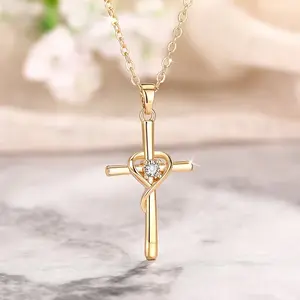 Heart-Shaped Cubic Zirconia Cross Pendant Necklace - Elegant Unisex Jewelry for Men Women April Birthstone Gift Ideal Valentine’s Day Present Perfect for Parties Everyday Wear Minimalist Design Exquisite Craftsmanship