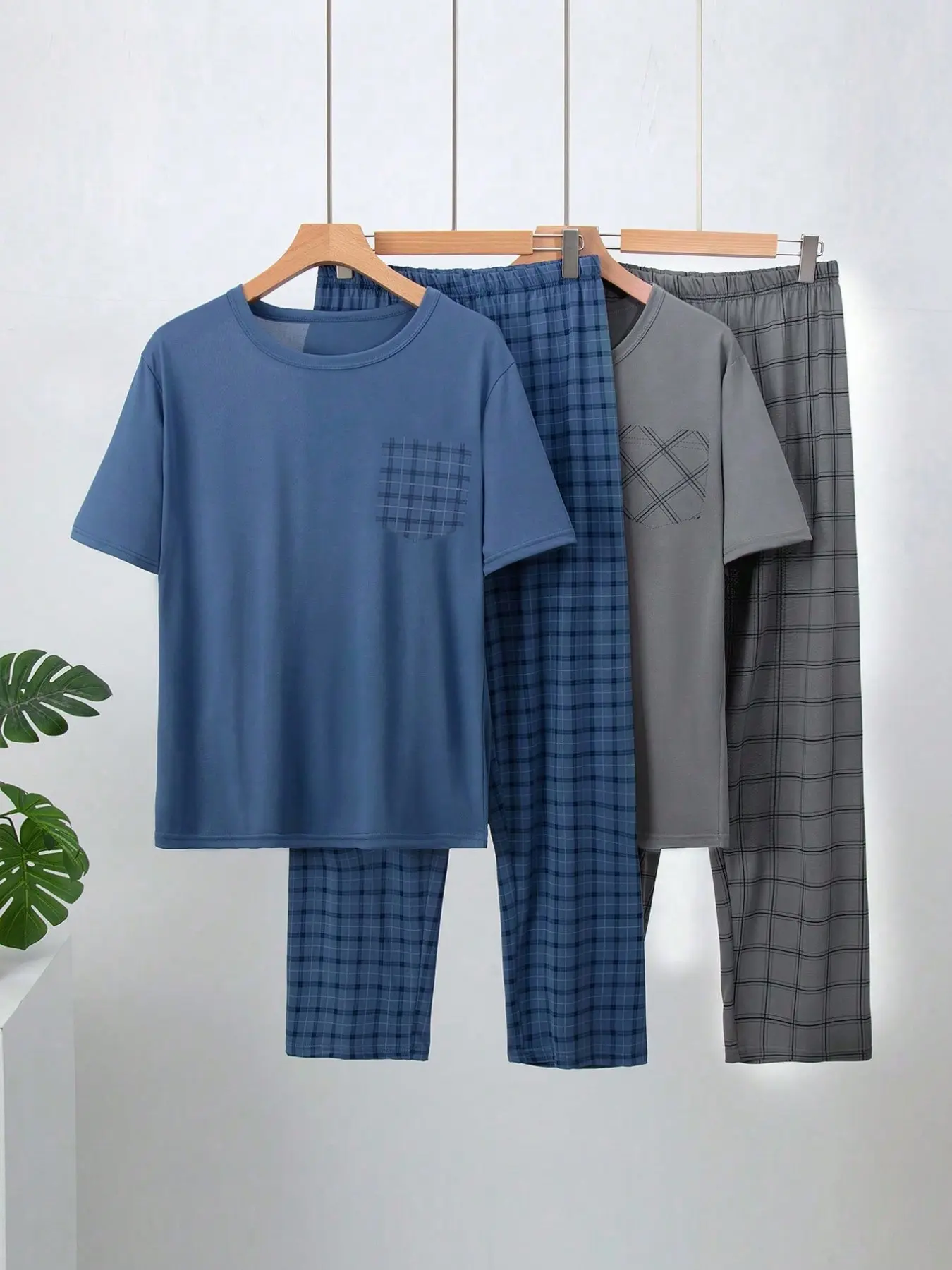 Men's Lightweight Sleepwear Set, 4-Piece Classic Plaid Checked Loungewear Home Clothing, Short Sleeve Top and Long Pants, Summer Comfort Casual Comfy Pajama Set Pjs, Homewear