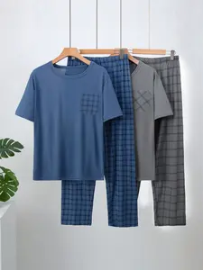 Men's Lightweight Sleepwear Set, 4-Piece Plaid Home Clothing, Short Sleeve Top and Long Pants, Summer Comfort Casual Pajama Set