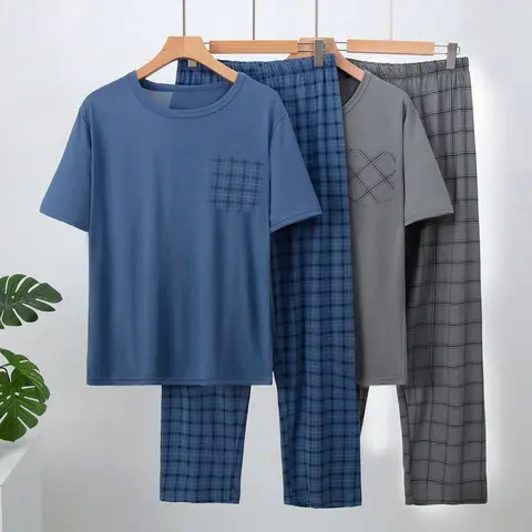 Men's Lightweight 4-Piece Fitted Sleepwear Set, Classic Plaid Checked Loungewear, Short Sleeve Top and Long Pants, Summer Comfortable Casual Pajama Set