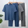 Men's Lightweight 4-Piece Fitted Sleepwear Set, Classic Plaid Checked Loungewear, Short Sleeve Top and Long Pants, Summer Comfortable Casual Pajama Set