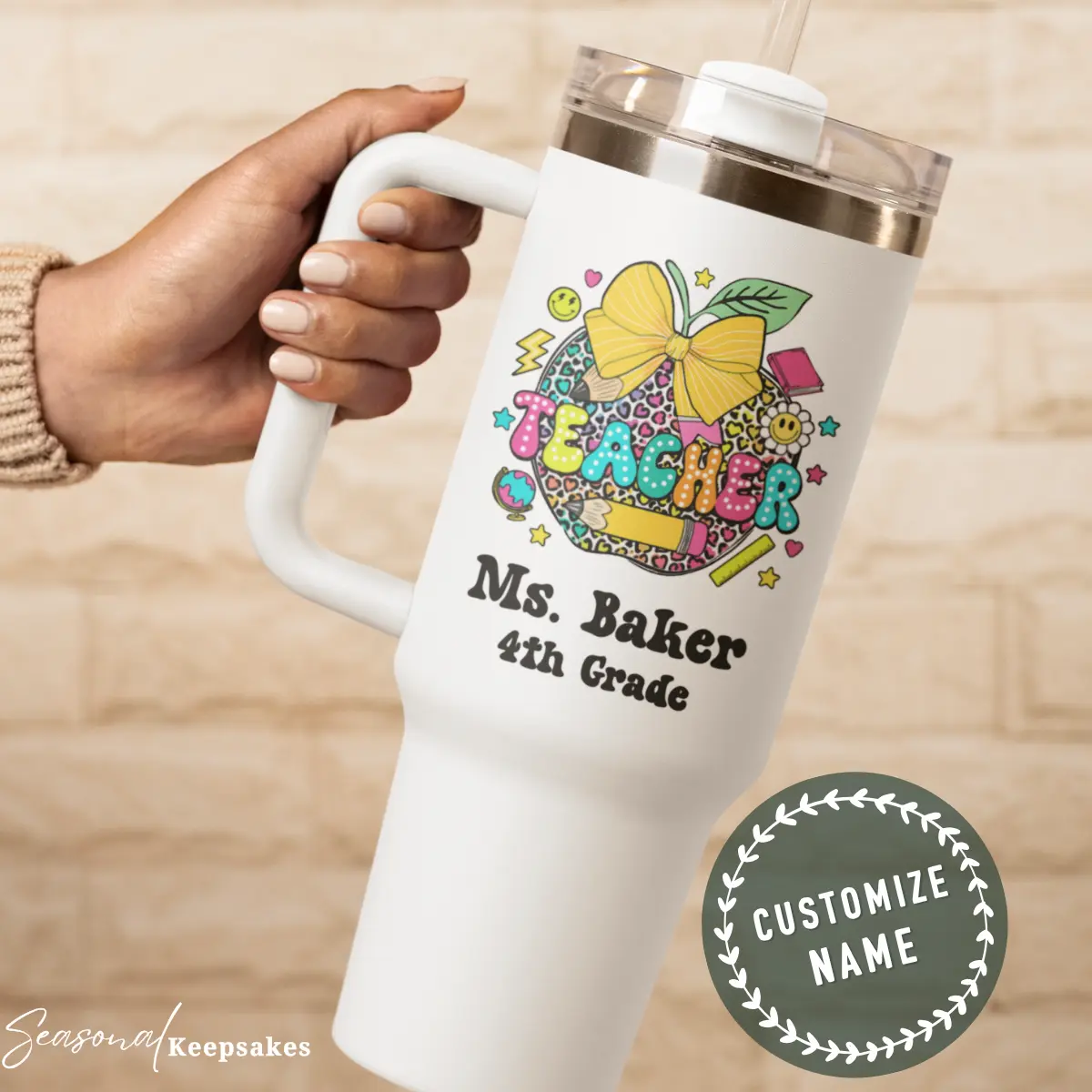 Seasonal Keepsakes Insulated Stainless Steel 40OZ Teacher Travel Tumbler Personalized Teacher Design with Custom Name