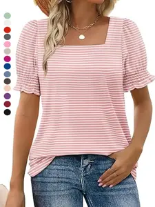 2026 Women Summer Casual Ruffle Trim Sleeve Square Neck T Shirts