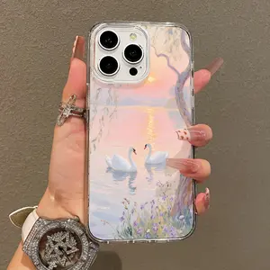 Soft Girl Magnetic Case for iPhone11/12/13/14/15/16/17/promax,  Pastel Swan Lake Painting Lightweight, Drop-Proof, MagSafe Compatible | Perfect for Teen Girls