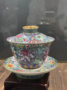 Hand-Painted Turquoise Ground Famille Rose Gaiwan with Gold Accent, Interlocking Lotus & Wanhua Pattern, Imperial Chinese Porcelain Tea Set