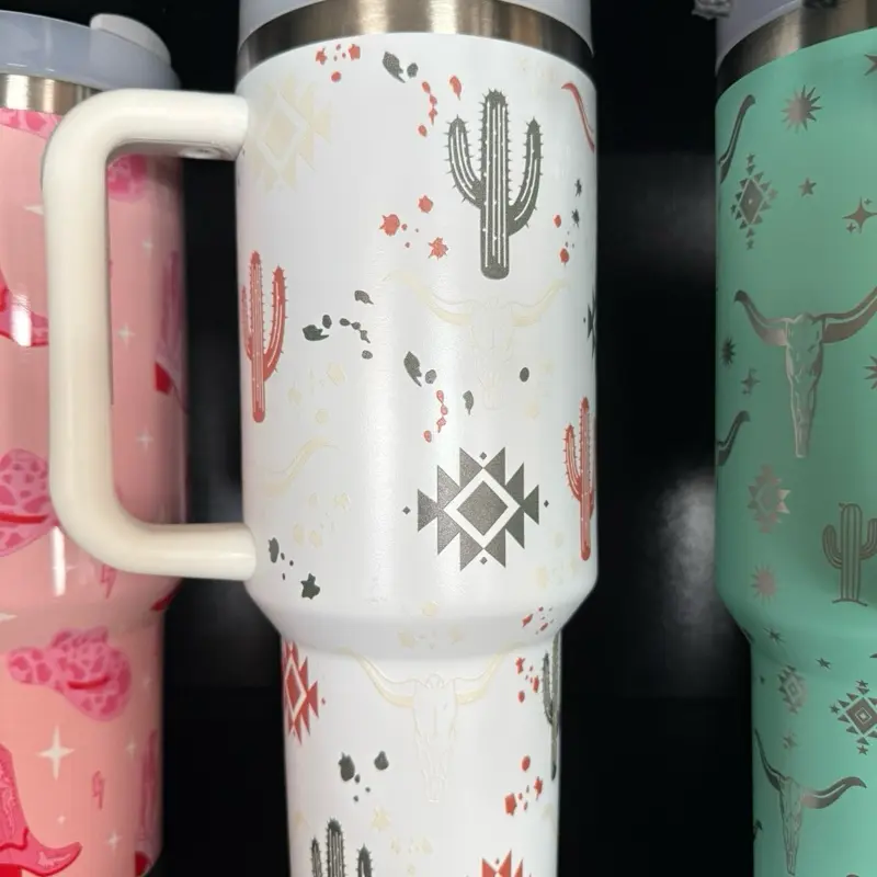 Cactus & Longhorn Design Insulated Tumbler with Handle for Travel and Daily Use