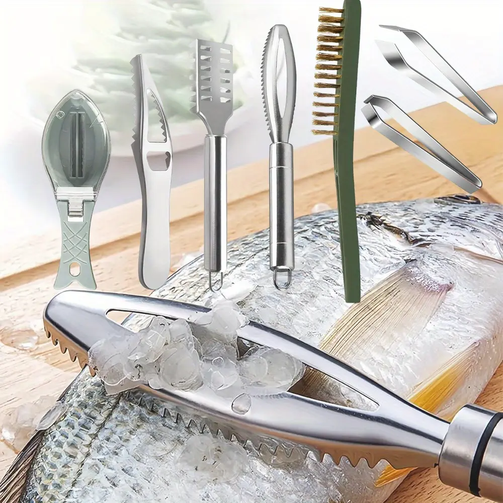7pcs Fish Scaler Brush Remover Set Stainless Steel Sawtooth Remover Removing Peeler Cleaning Tool Fish Bone Tweezers Fish Shape Scraper Scalers for Fish Scales Removing Peeling Kitchen Plastic Utensils Cover