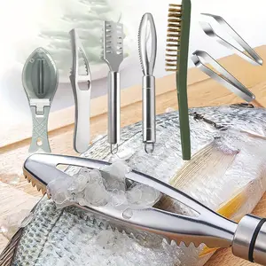 7pcs Fish Scaler Brush Remover Set Stainless Steel Sawtooth Remover Removing Peeler Cleaning Tool Fish Bone Tweezers Fish Shape Scraper Scalers for Fish Scales Removing Peeling Kitchen Plastic Utensils Cover summervibes
