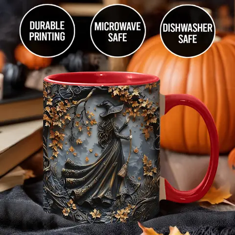 2D Sublimation Witch Ceramic Coffee Mug - Spooky Halloween Season Print, Classic Stylish Kitchen Drinkware for Beverages, Model WIC5947, Beverage