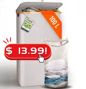 【CLEARANCE】Laundry Basket With Lid - 140L Double Dirty Clothes Hamper Removable Bag Bin Tall Bathroom, Dorm, College Large for Organiser