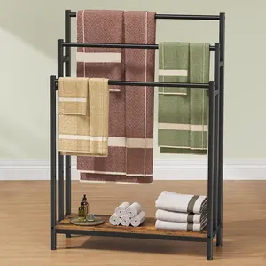 46-Inch Oversized Freestanding Towel Rack for Bathroom, Three-Layer Blanket Trapezoidal Shelf, Outdoor Bath Towel Drying Rack with Shelf, Can Be Placed next to the Bathtub Or Shower, Quilt Stand, Plain Brown and Black