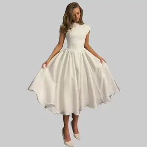 Back Hollow Out A Line Cover Sleeve Midi Dress Women's 2025 Summer Vacation Holiday Solid Casual Elegant Pleated Dresses with Side Zipper for Girls Outfit Dress