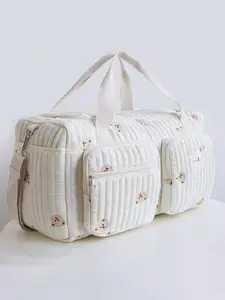 Cream white cute bear embroidered bag, large capacity multi-pocket hand-held crossbody fitness bag, cartoon multi-compartment design, fashionable, exquisite  versatile cute crossbody bag, suitable for short trips, etc.