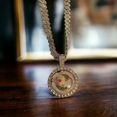 14K Gold Plated Unisex Customized Spinning Angel of Death Coin Necklace - Prong Set CZ Stones, Roulette Chain, Personal Touch, Impeccable Craftsmanship, Adults' Costume Jewelry, Any Occasion, Gold Plated Necklaces