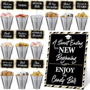 25 Pcs Graduation Candy Buffet Party Decoration Graduation Table Candy Bar Snack Labels Signs and 5'' Buckets with Handle for Class of 2026 High School College(Pure Style,Balck and Sliver)