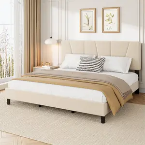 Beige King Size Linen Upholstered Platform Bed Frame - Adjustable Headboard, Noise-Free Slats, Metal Mattress Foundation, No Box Spring Needed, Easy Assembly, Upholstered/Adjustable Metal Bed Frames, Upholstered Bed Frames, Adjustable Bed Frames