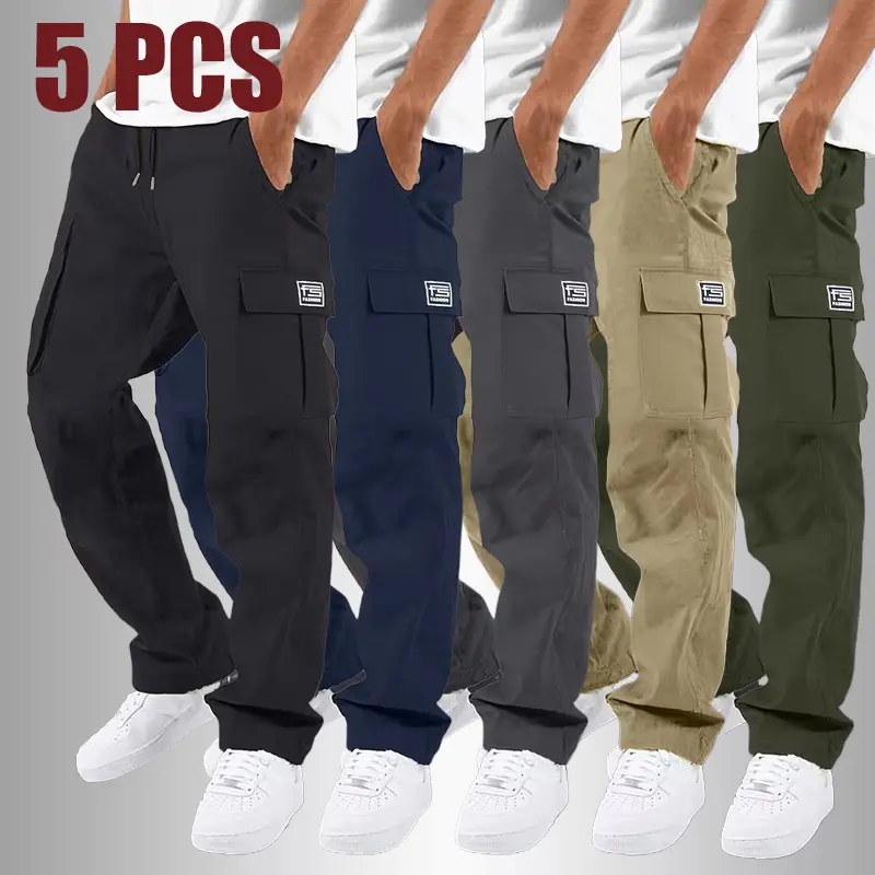 Men's Casual Workwear Pants Set, Patch Detail Side Flap Pockets Elastic Drawstring Waist, Comfortable & Durable for Spring/Fall Outdoor, Daily, Dinner & Date Nights