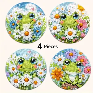 4-Piece Frog Pattern Wooden Diamond Placemats, Floral Pattern Placemat, DIY Crystal Diamond Art Insulation Table Mats, Mosaic Handmade Set