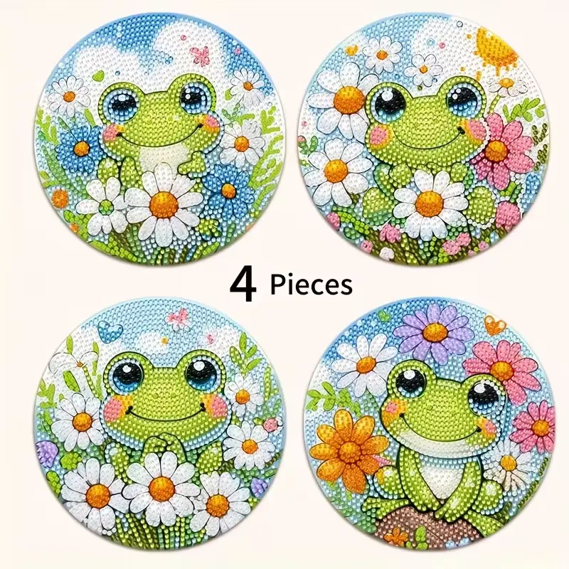 4-Piece Frog Pattern Wooden Diamond Placemats, Floral Pattern Placemat, DIY Crystal Diamond Art Insulation Table Mats, Mosaic Handmade Set, Home