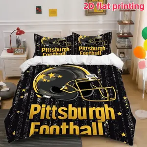 2D Flat 3Pcs Pittsburgh Football Duvet Cover, Black and Gold Sports Theme Bedding, American Helmet Design, Soft Microfiber Quilt with 2 Pillowcases (No Comforter), Ideal for Fans Bedroom Decor