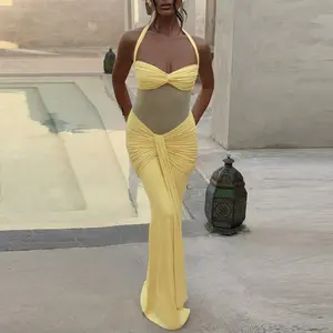 Women’s mermaid maxi dress with a twist front, halter tie detail, solid color, slim fit, sheer mesh panel, and front sash — new for Fall 2025; suitable for parties, nights out, dating, holidays, and beach vacations.