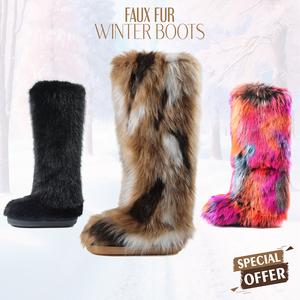 CELNEPHO Womens Faux Fur Knee High Boots Round Toe Flat Heel Easy Pull on Snow Booties with Full Plush Fur Anti-Slip Sole Christmas Gift Party Outdoor Winter Warm Cozy Dress Shoes
