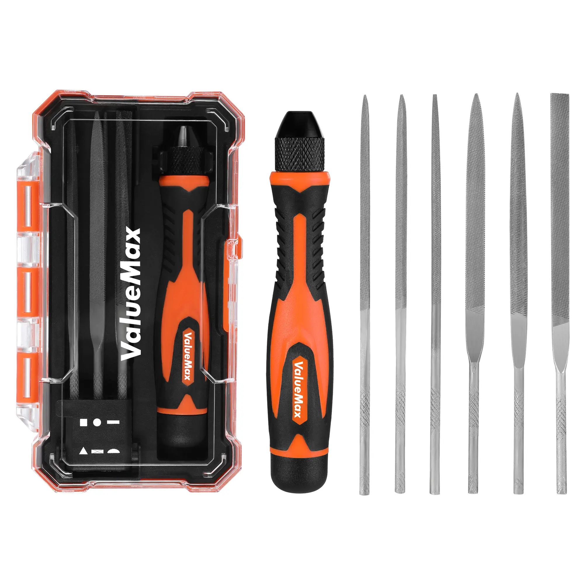 #fathersdaygift ValueMax 7PCS Interchangeable Needle File Set, Small File Set Includes Flat, Flat Warding, Round, Half-Round, Square, Triangular File and A Handle, Suitable for Shaping Metal, Wood, Jewelry, Plastic