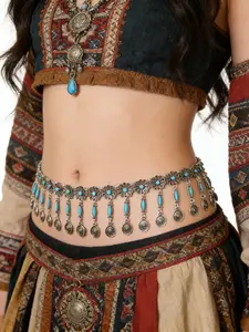 Boho Vintage Silver Color Body Chain, Clock Carved Hollow Flower Waist Belt Chain, Fashion Accessory for Women