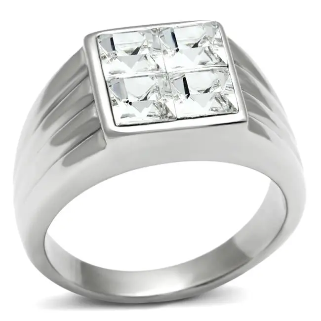 212 MAIN Men's High-Polished Stainless Steel Exquisite Trendy Ring - Size 10, Top-Grade Transparent Crystal Accents